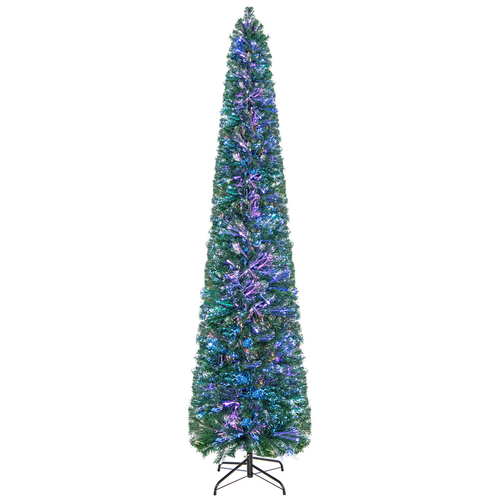 8 ft pre-lit Christmas pencil tree with colorful fiber optics, featuring a space-saving design for home or office use.