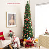 8 ft pre-lit Christmas pencil tree with colorful fiber optics, ideal for space-saving holiday decor in any corner.
