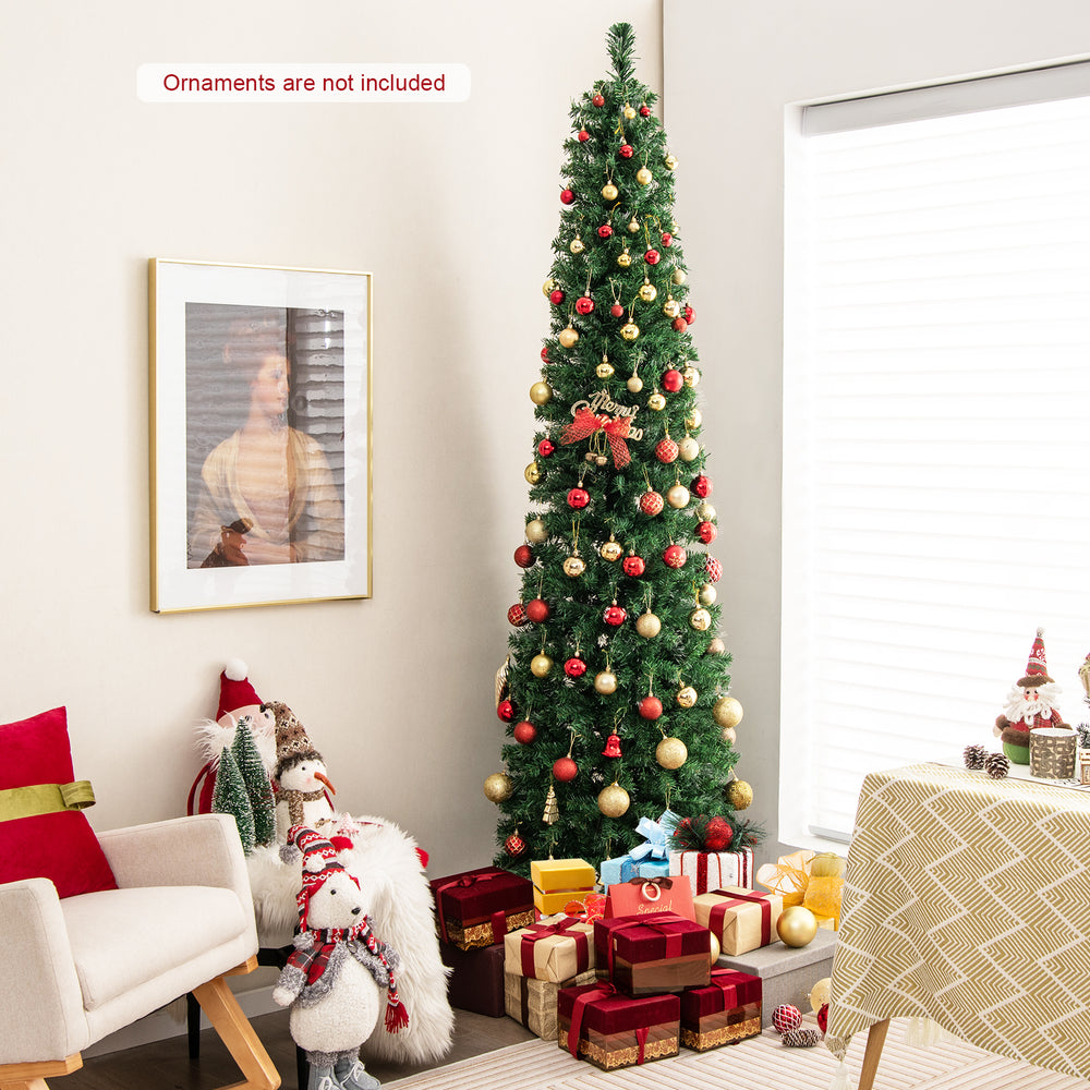 8 ft pre-lit Christmas pencil tree with colorful fiber optics, ideal for space-saving holiday decor in any corner.
