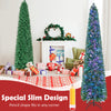 8 ft pre-lit Christmas pencil tree with colorful fiber optics, perfect for saving space in any corner of your home.
