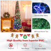8 ft pre-lit Christmas pencil tree with colorful fiber optics and 889 branch tips, perfect for space-saving holiday.