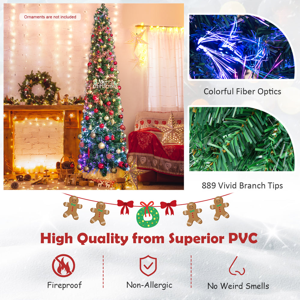 8 ft pre-lit Christmas pencil tree with colorful fiber optics and 889 branch tips, perfect for space-saving holiday.