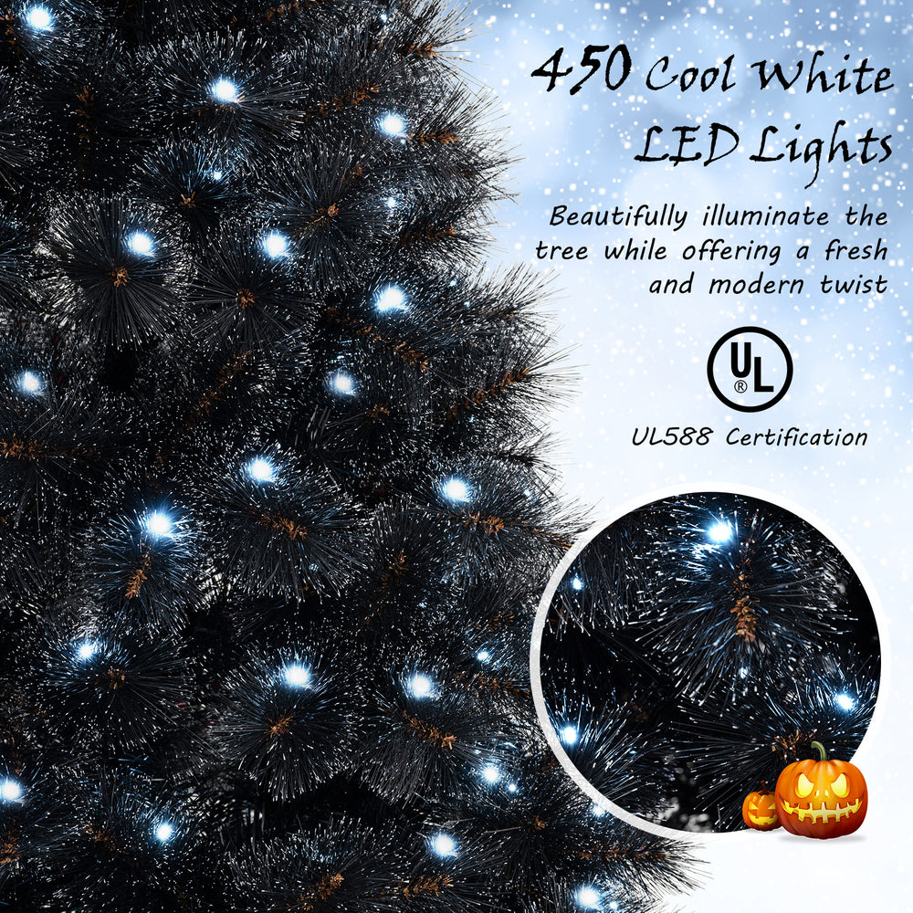 Black artificial Halloween Christmas tree with 450 cool white LED lights, featuring realistic PVC branches for festive.