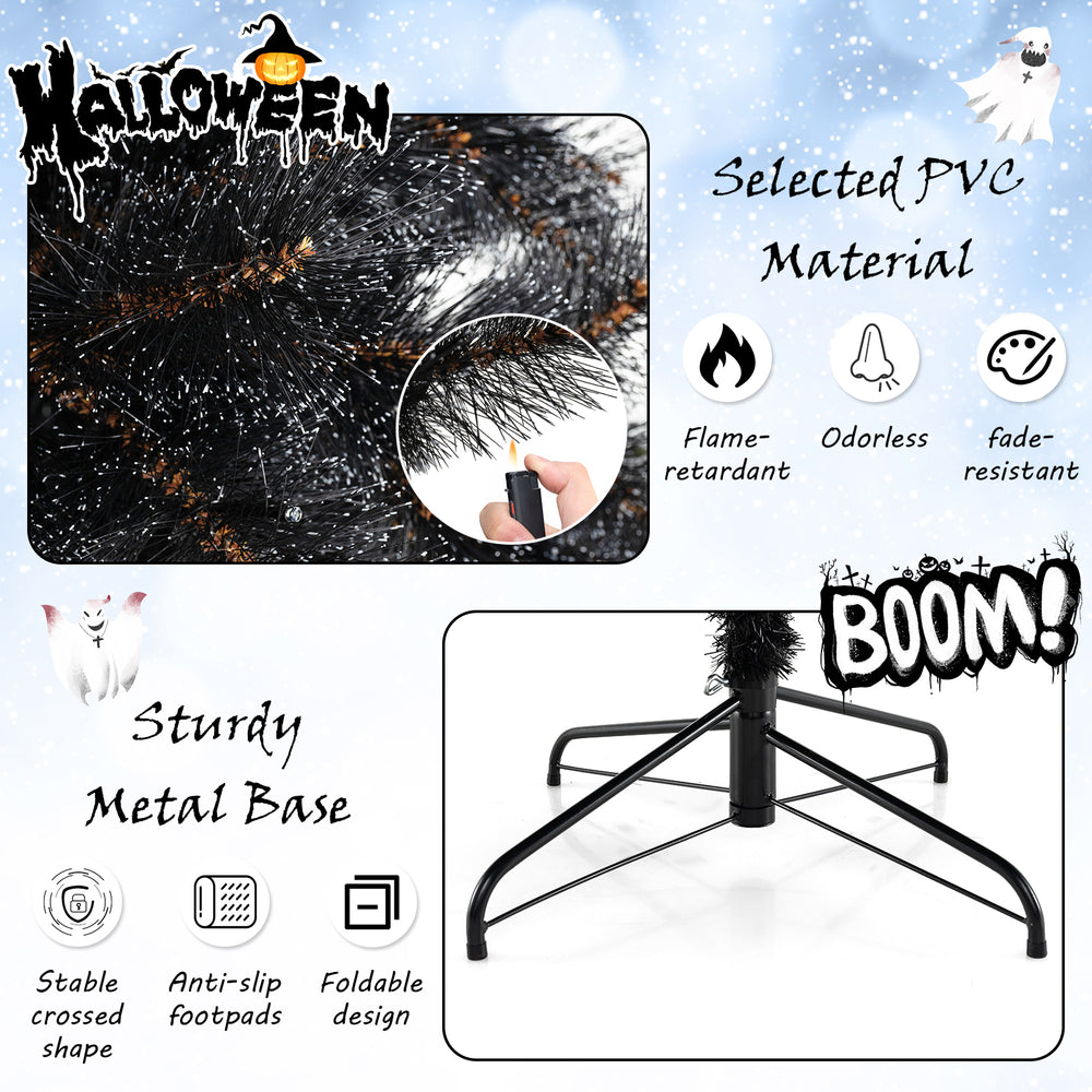 Black artificial Halloween Christmas tree with PVC branch tips and cool white LED lights, featuring a sturdy metal base.