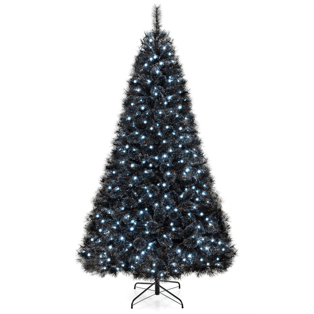 Black artificial Christmas tree with cool white LED lights, featuring PVC branch tips, perfect for Halloween and.