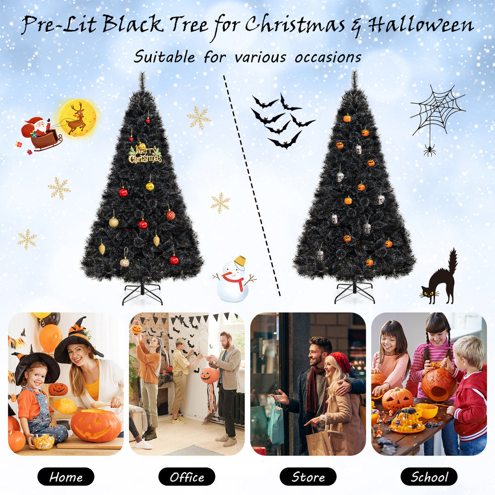 6-foot black artificial tree with PVC tips and cool white LED lights, perfect for Halloween and Christmas decorations.