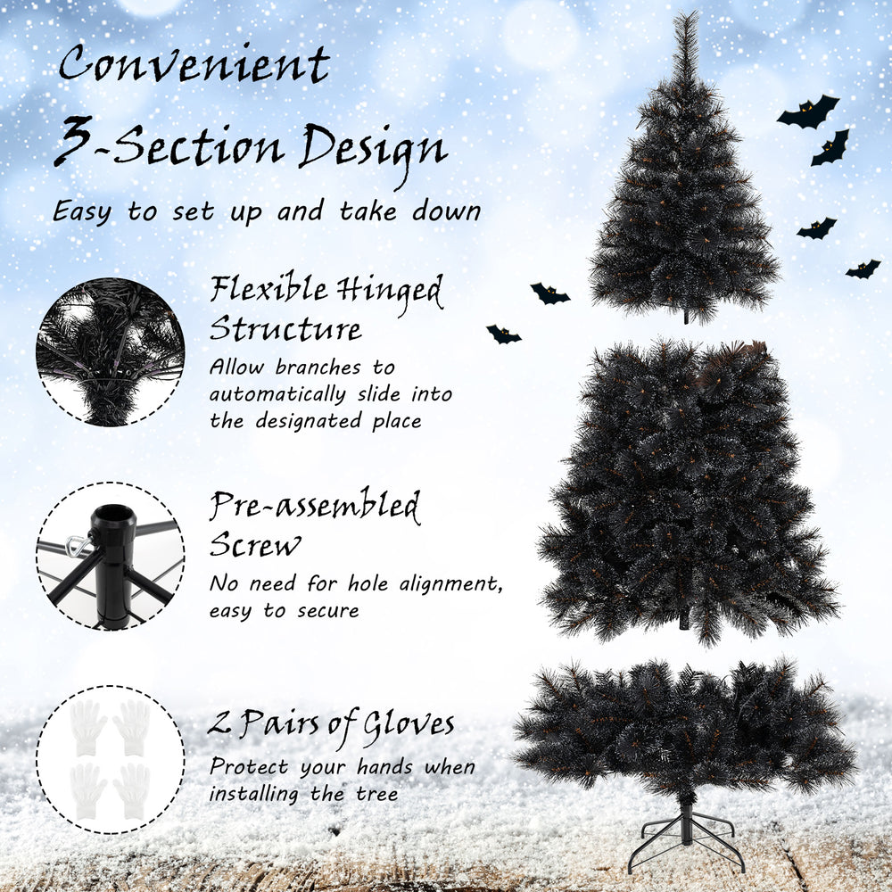 Black artificial Halloween Christmas tree with PVC branches, pre-lit with cool white LED lights, easy 3-section setup.