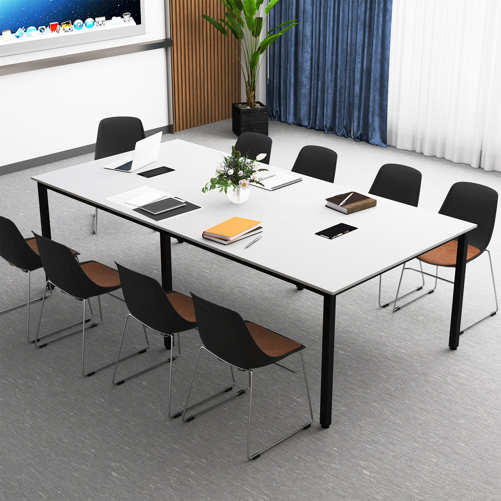 Large 8 feet conference room table in white, seating up to 10 people, featuring cable grommets and sturdy metal frame.