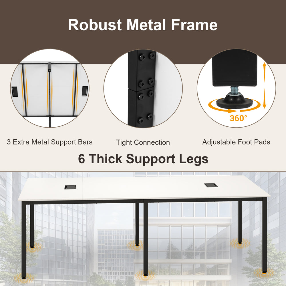 Large 8-foot conference room table with a white finish, robust metal frame, and 6 thick support legs for stability.