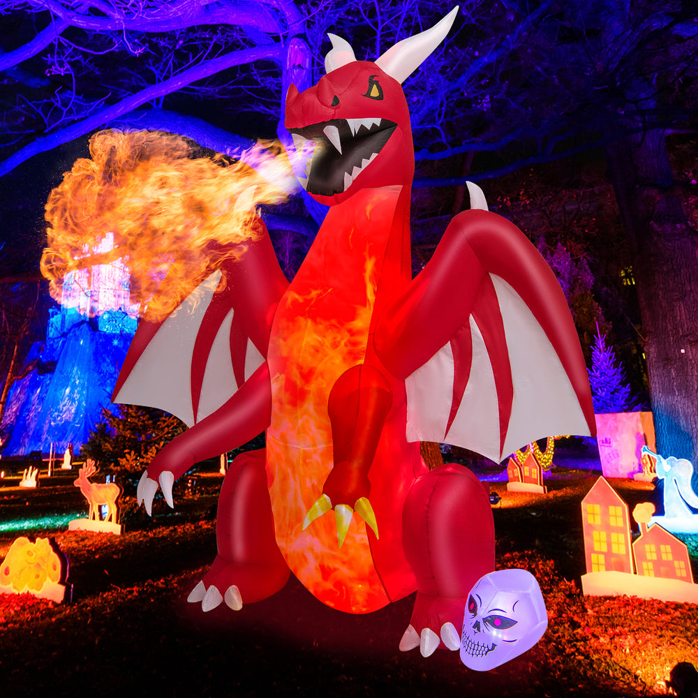 8-foot red dragon inflatable with wings and skull, featuring bright LED lights for Halloween decorations.