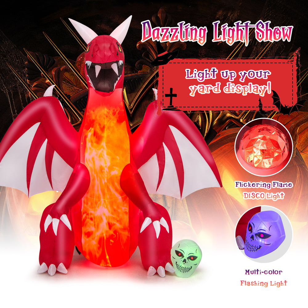 8-foot inflatable red dragon with wings and skull, featuring dazzling LED lights for Halloween yard displays.