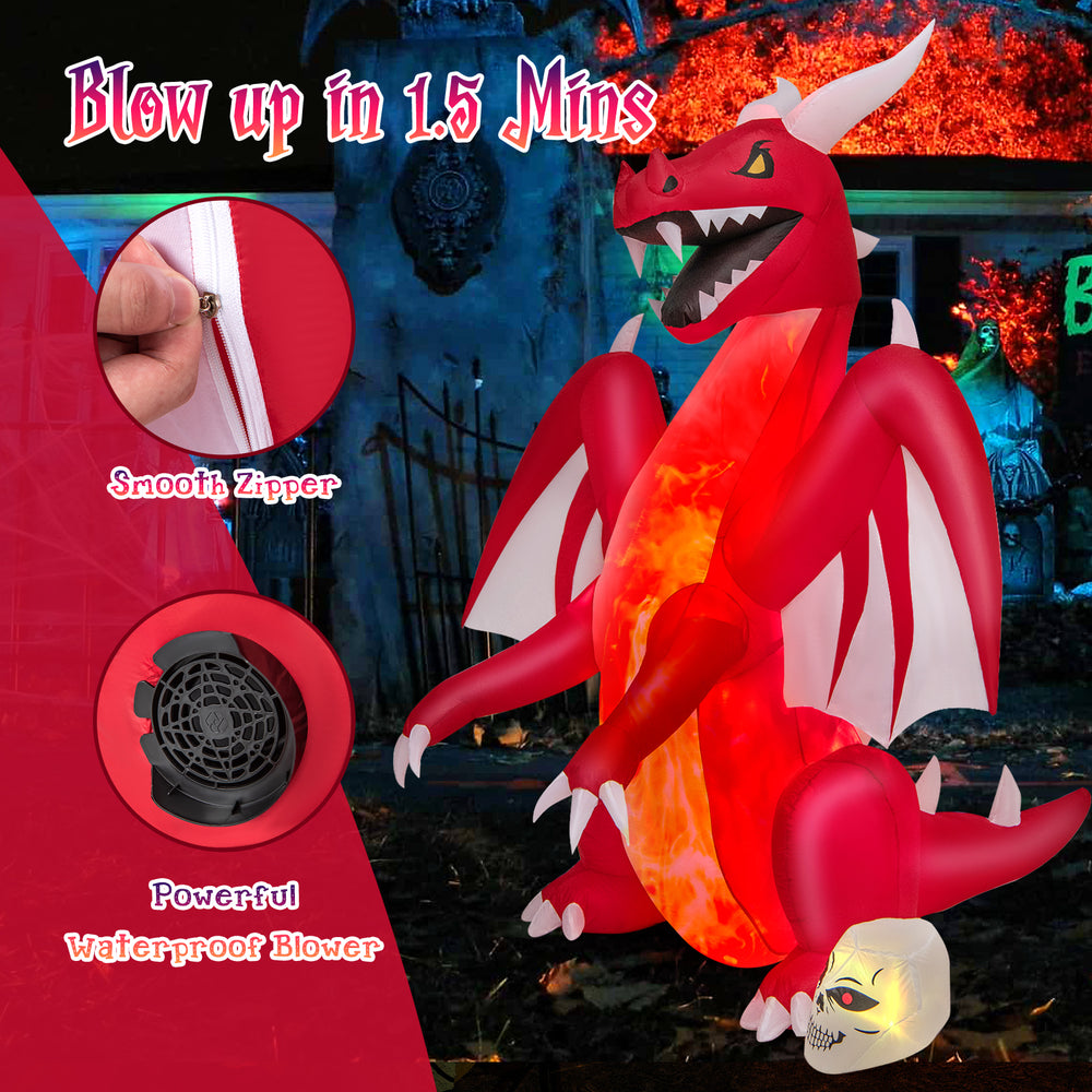 8-foot red dragon inflatable with wings, LED lights, and waterproof fabric for Halloween party decorations.