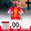 Inflatable 8-foot red dragon with wings and skull, featuring LED lights, sand bag, and ground stakes for Halloween.