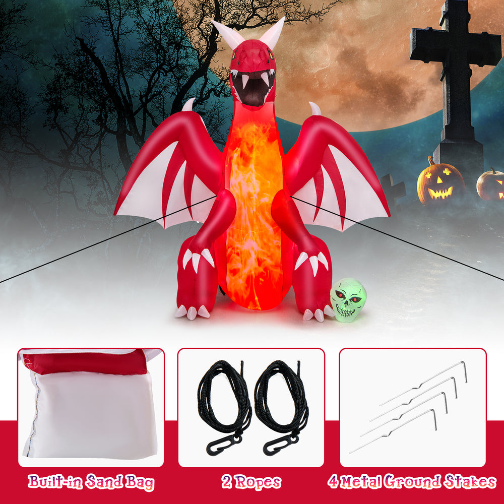 Inflatable 8-foot red dragon with wings and skull, featuring LED lights, sand bag, and ground stakes for Halloween.