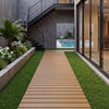 Brown 8 feet outdoor pathway boardwalk on grass, leading to a poolside area in a modern patio setting.