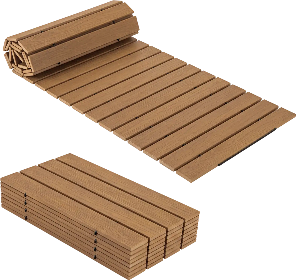 Brown 8 feet outdoor pathway boardwalk shown rolled out, ideal for creating a straight path in gardens or patios.