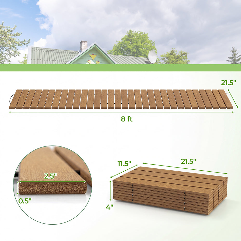 8-foot roll-out patio boardwalk in brown, featuring slatted design and dimensions of 21.5" x 11.5" x 4" for outdoor use.
