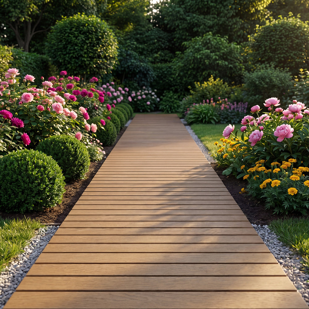 Brown outdoor pathway boardwalk surrounded by vibrant flowers and greenery, ideal for garden walkways.