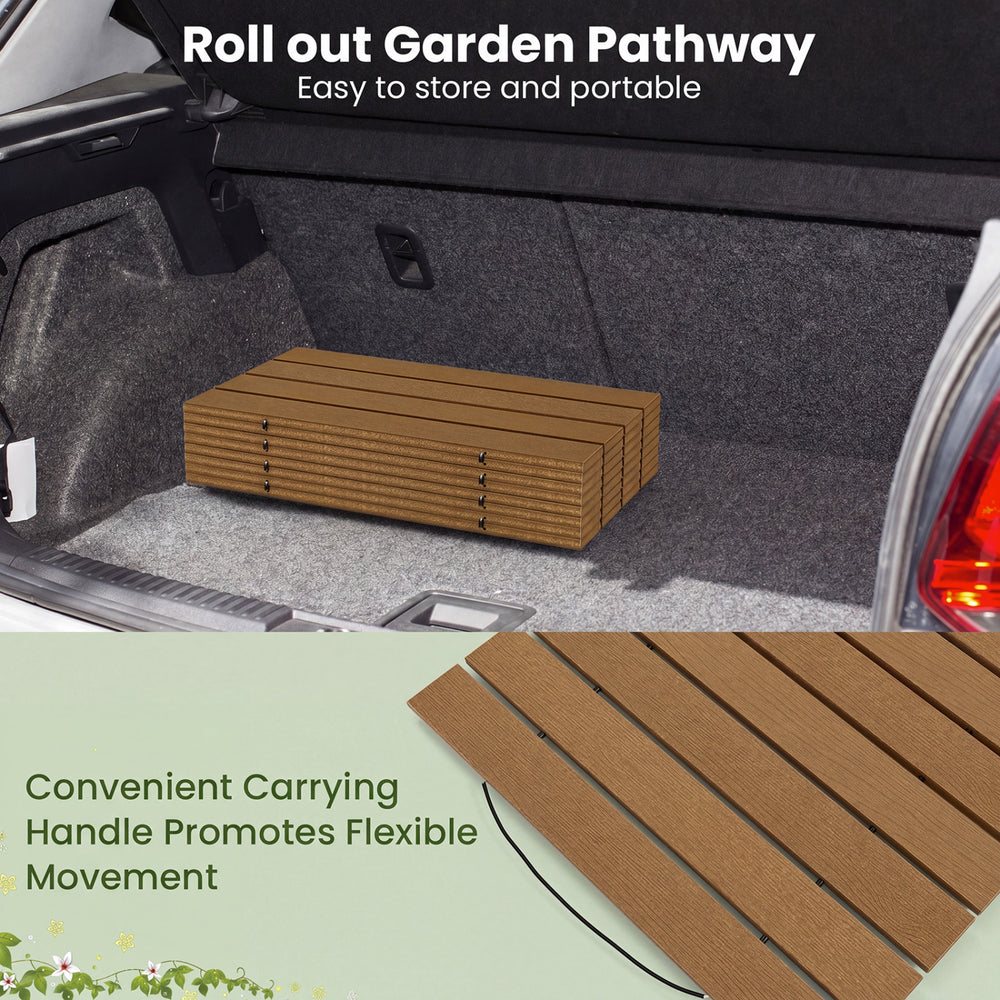Brown 8 feet outdoor pathway boardwalk rolled up in a car trunk, featuring a convenient carrying handle for easy.
