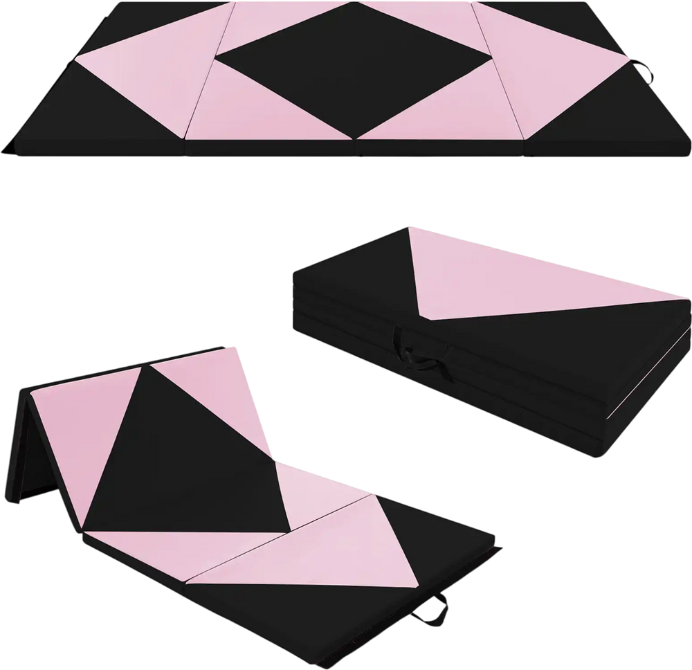 Folding gymnastics mat in black and pink, made of PU leather, featuring hook and loop fasteners for versatile use.