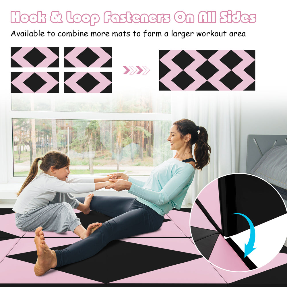 Black and pink 8 feet folding gymnastics mat with hook and loop fasteners, ideal for fitness and kids' play.