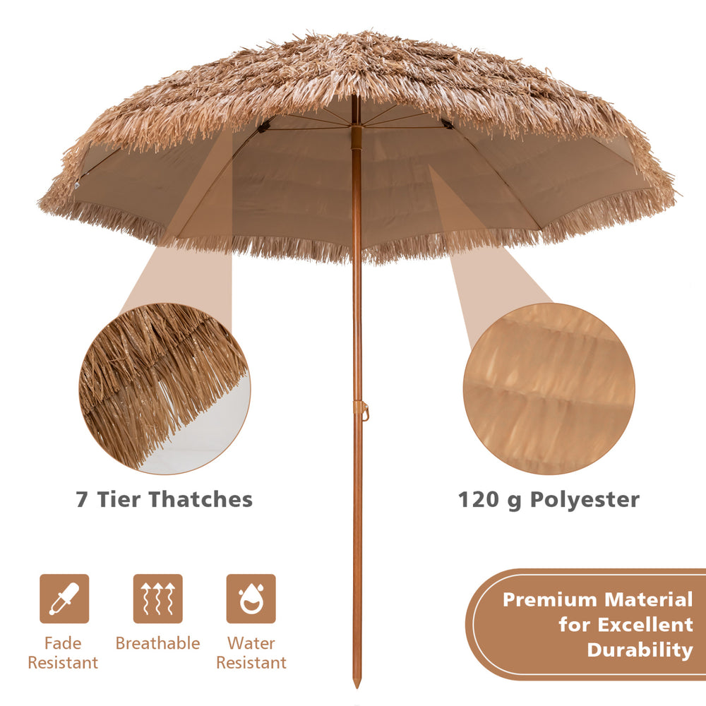 8-foot Hawaiian tiki umbrella with 7-layer thatch and durable polyester, perfect for outdoor beach events and sun.