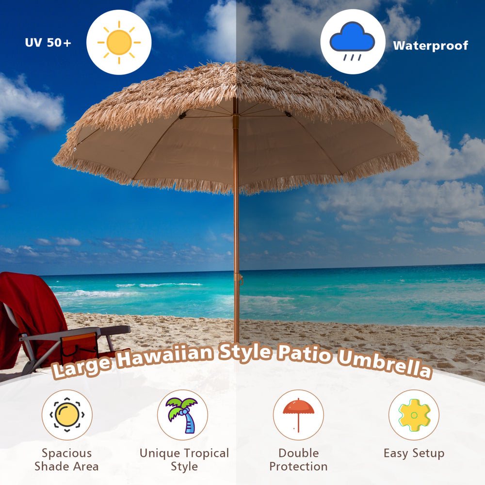 Large Hawaiian style 8 ft patio thatched tiki umbrella with waterproof canopy for beach events and outdoor relaxation.