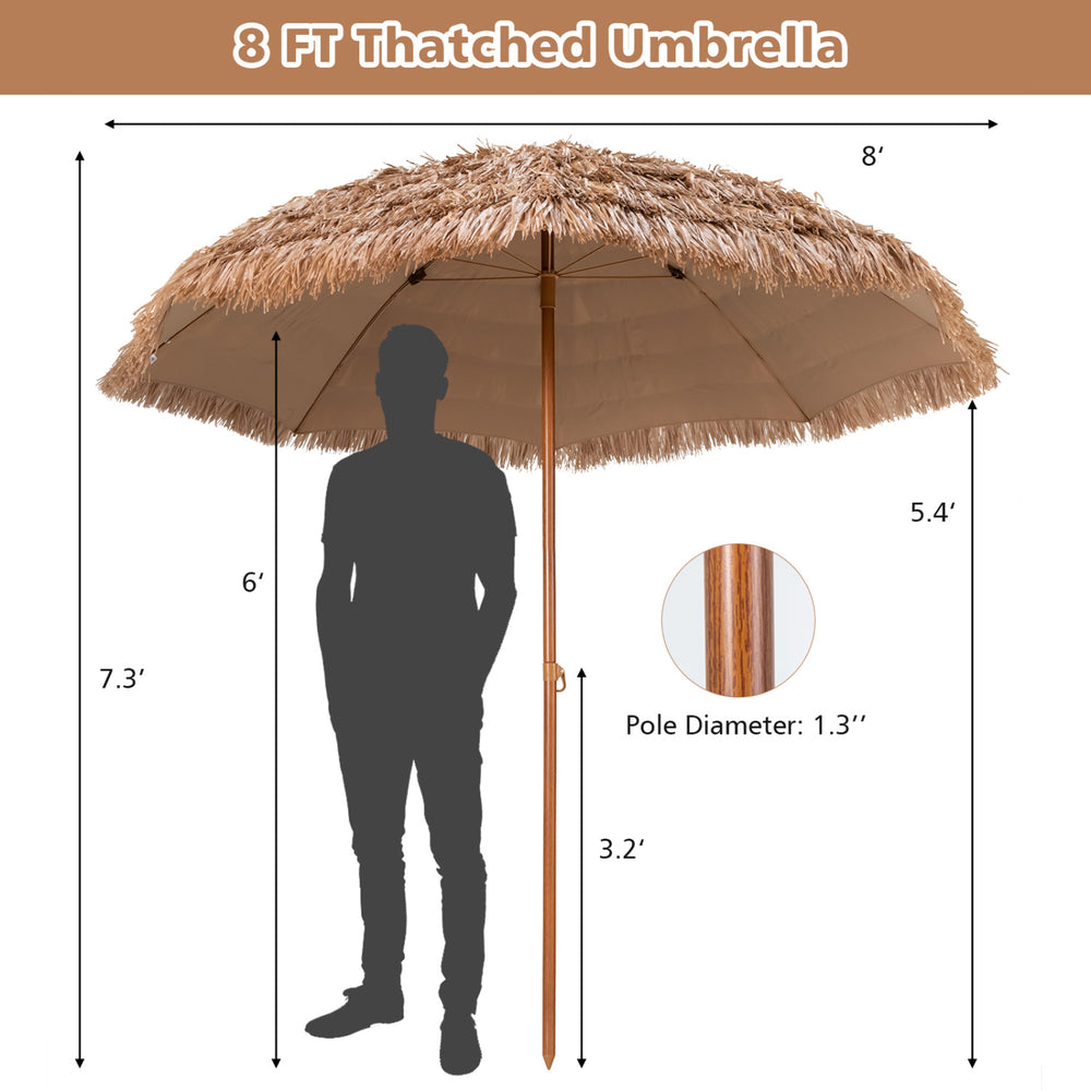 8 ft thatched tiki umbrella with durable polyester canopy and metal frame, perfect for beach events and outdoor.
