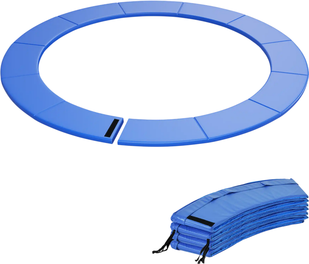 Blue 8 feet trampoline safety pad with fixing straps, featuring thick EPE foam for edge-to-edge protection and foldable.
