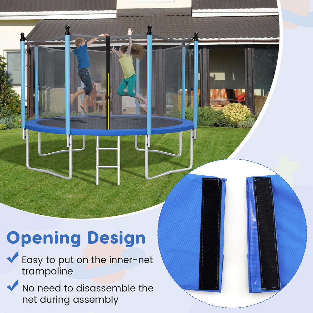 Blue 8 feet trampoline safety pad with fixing straps, featuring anti-tear surface and edge-to-edge protection for safe.