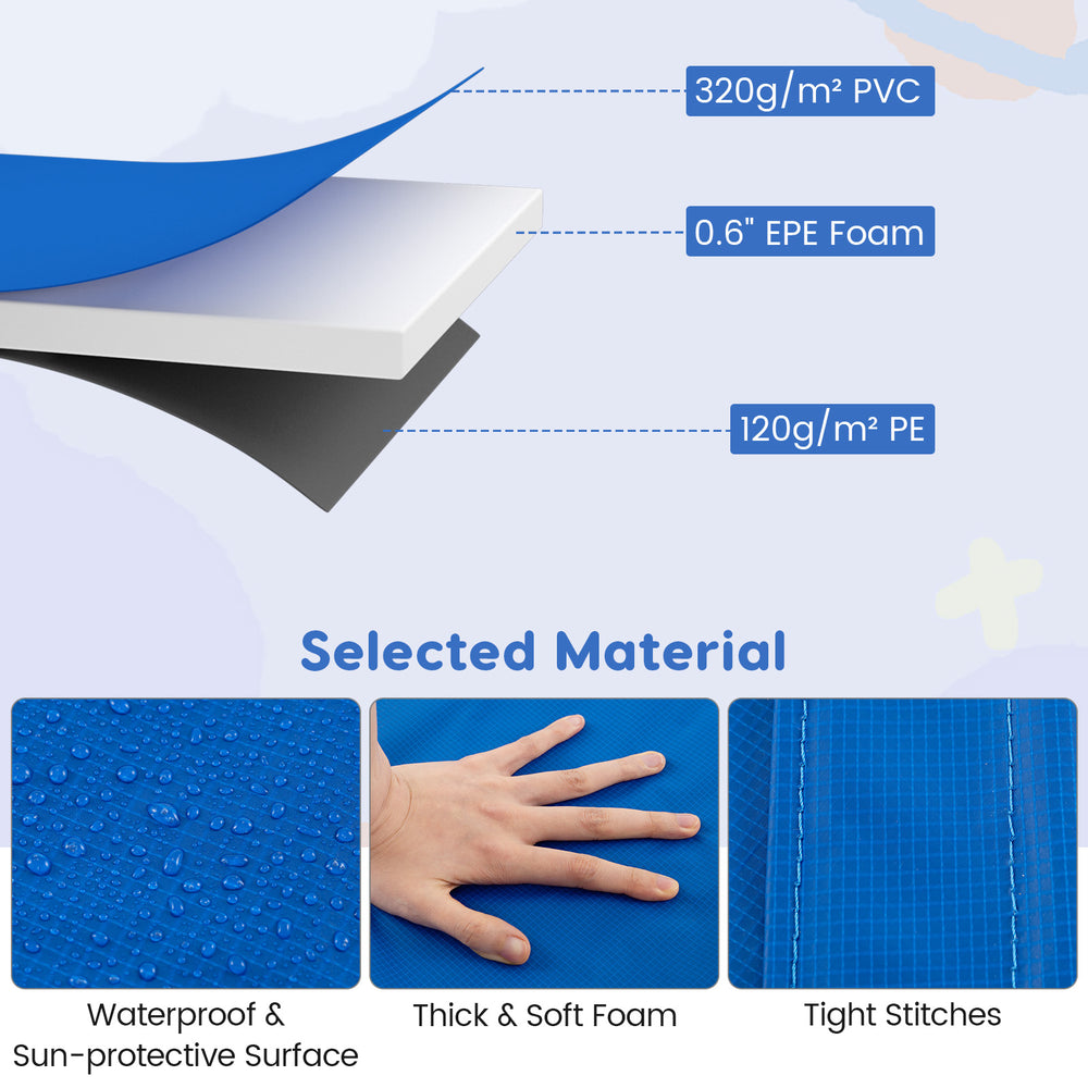 Close-up of the 8 feet trampoline pad showing waterproof PVC, thick EPE foam, and tight stitches for safety and.