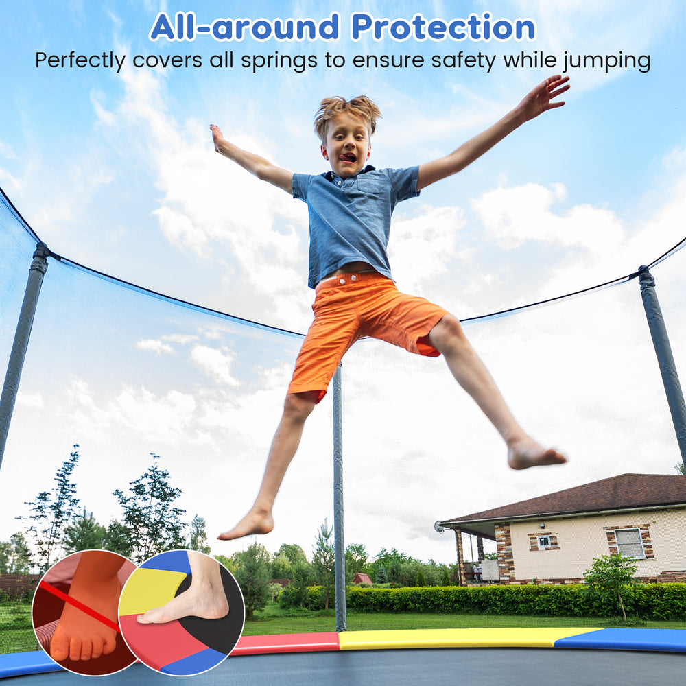Multicolor 8 feet trampoline pad replacement safety pad, featuring edge-to-edge protection and elastic straps for.