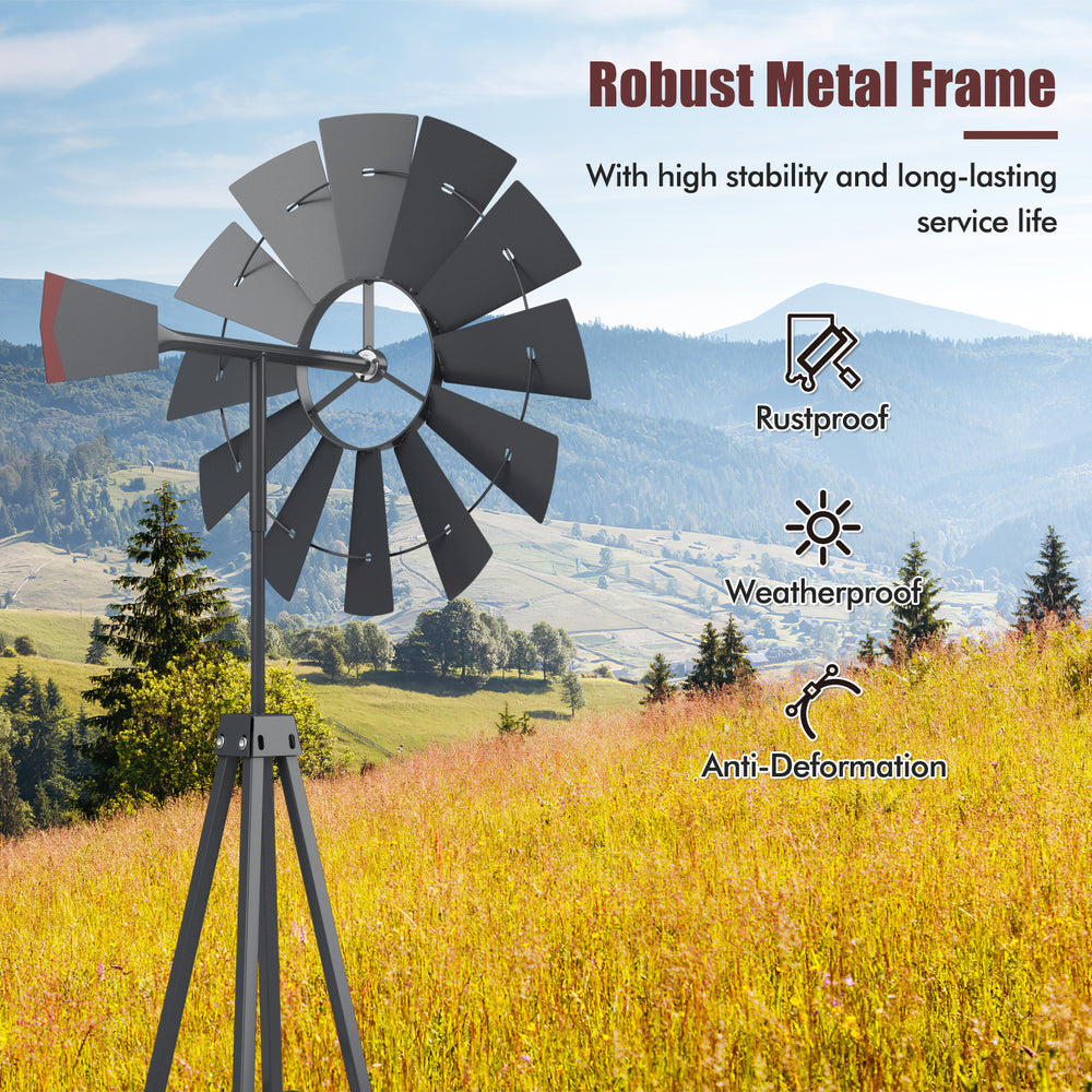 8 feet gray metal ornamental windmill with weather-resistant design, ideal for gardens and farms, showcasing wind.