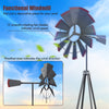8-foot gray metal windmill with 12 rotating blades and weathervane, ideal for gardens and outdoor spaces.