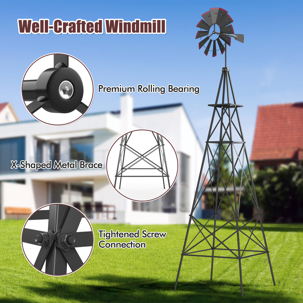 8-foot gray metal windmill with weather-resistant design, premium rolling bearing, and X-shaped metal brace for.
