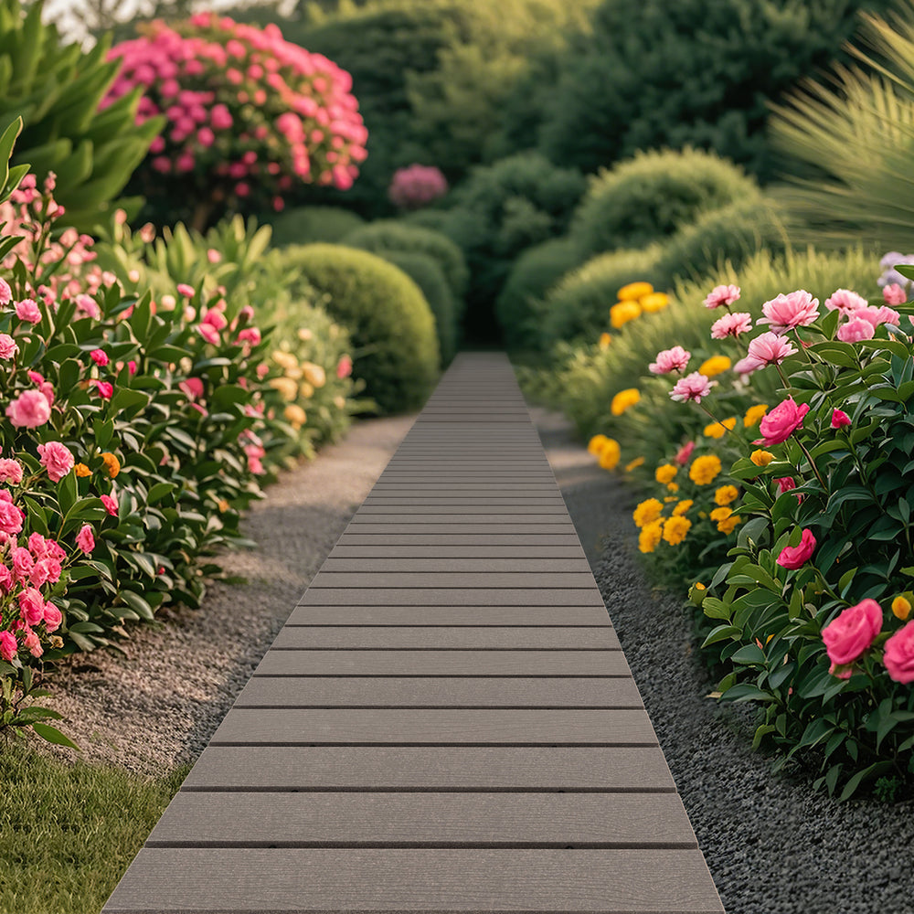 Outdoor garden pathway with simulated wood-grain, weatherproof HDPE, and non-slip surface for backyard or wedding use.