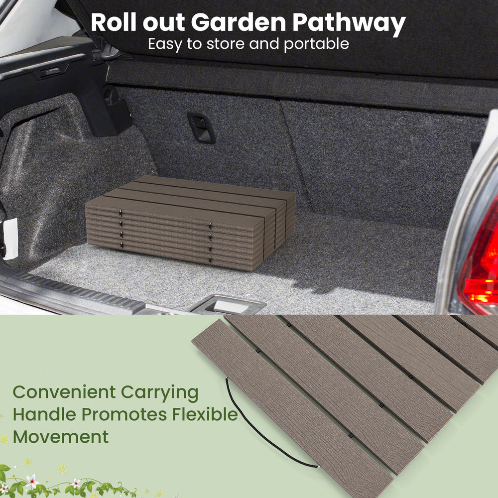 8 ft outdoor garden pathway with weatherproof HDPE, portable design, and convenient carrying handle for easy movement.