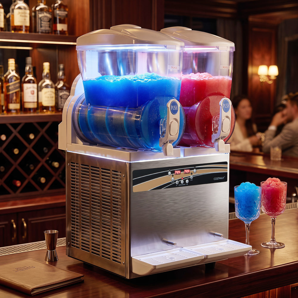 Commercial slushie machine with dual 30L tanks, LED lights, and easy dispensing for vibrant frozen drinks.
