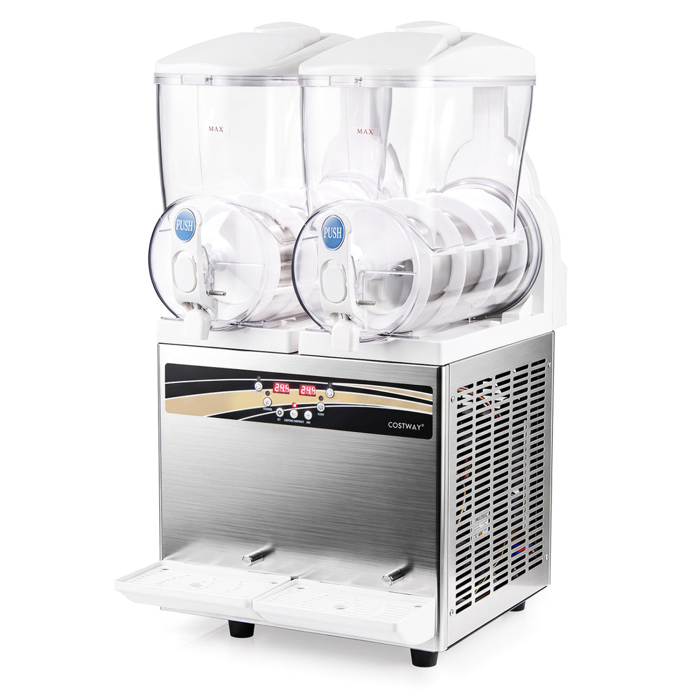 Commercial slushie machine with dual 30L tanks, LED lights, and powerful compressor for quick chilling and easy dispensing.