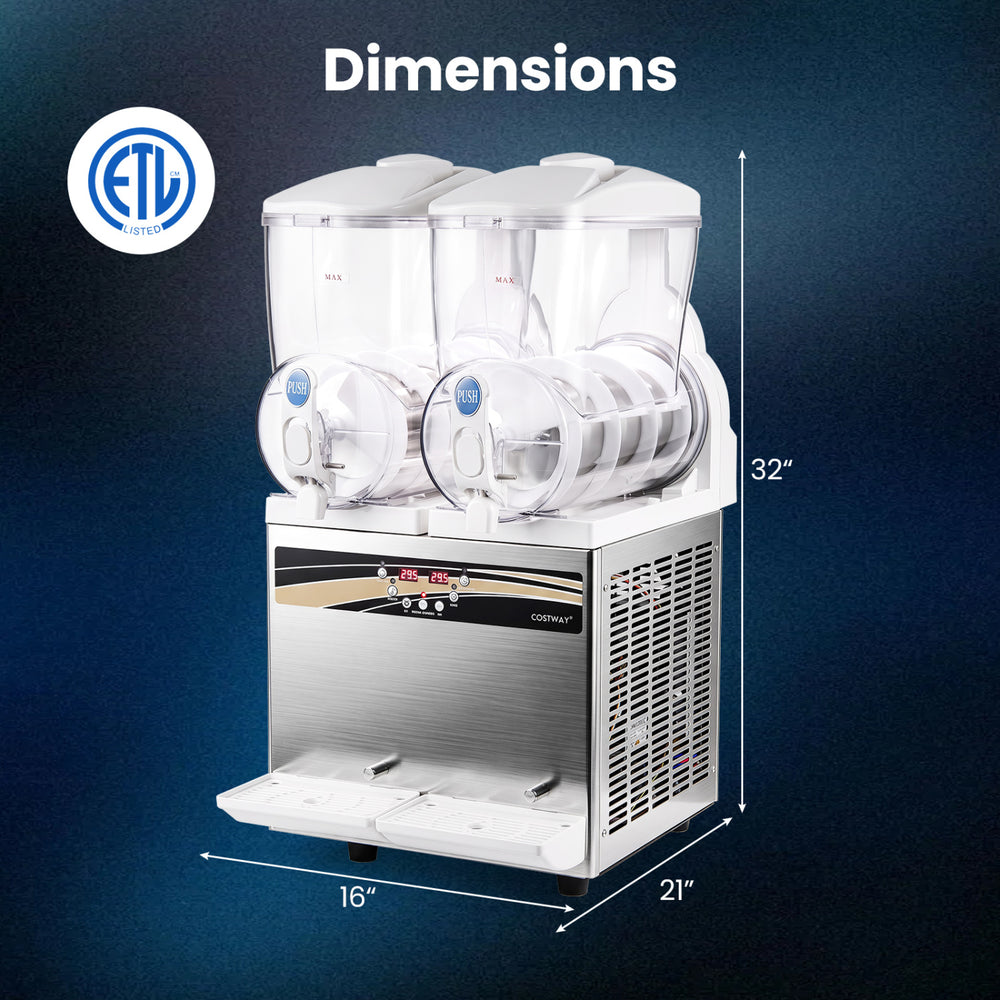 Commercial slushie machine with dual 8-gal tanks, LED lights, and user-friendly controls for quick beverage service.