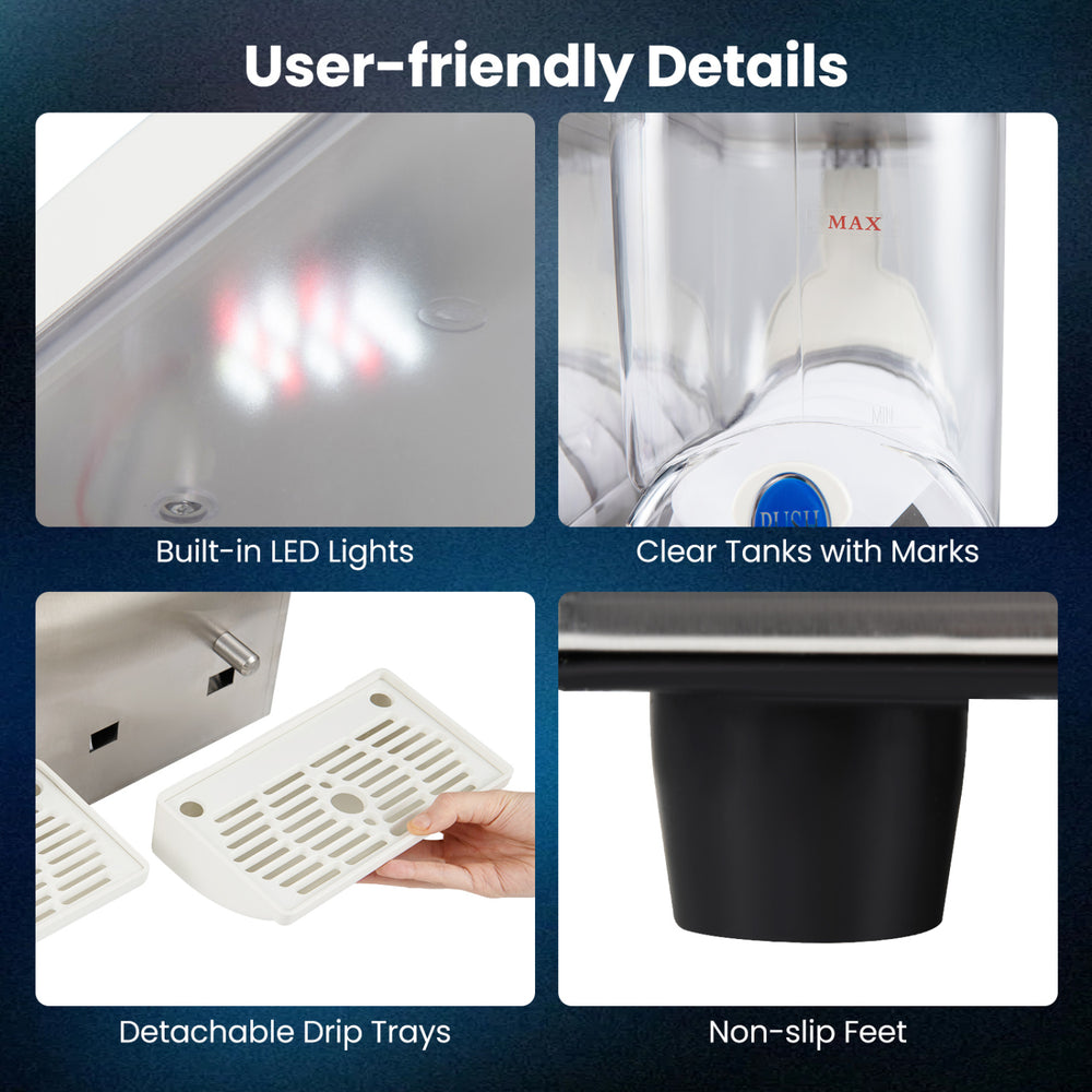 User-friendly details of the 30L commercial slushie machine include built-in LED lights and detachable drip trays for easy maintenance.