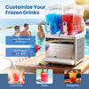 Commercial slushie machine with two tanks, 30L capacity, customizable modes, and LED lights for vibrant drinks.