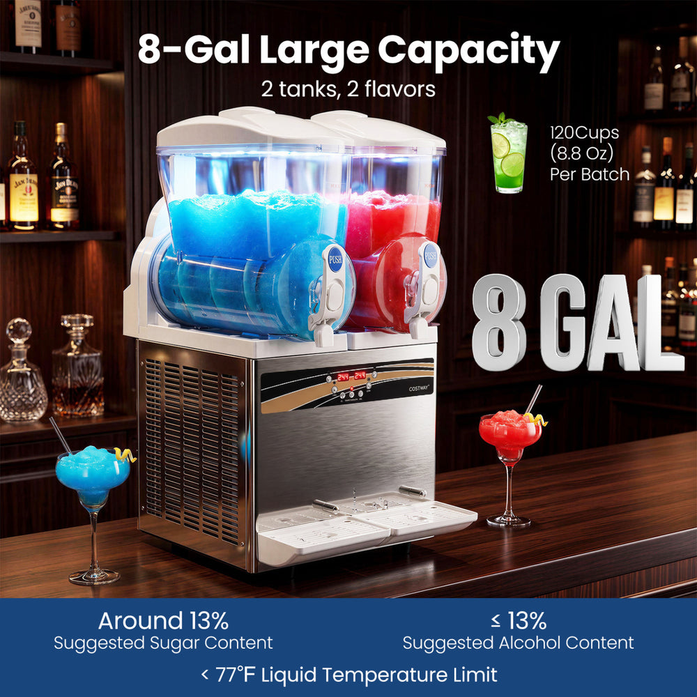 Commercial 8-gal slushie machine with dual tanks, LED lights, and a powerful compressor for quick chilling of drinks.