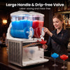 Commercial slushie machine with 30L capacity, two tanks for flavors, large handle, and drip-free valve for easy dispensing.
