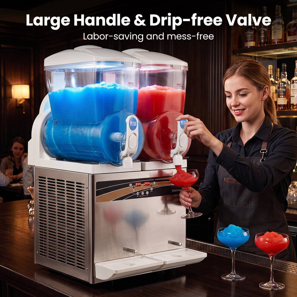 Commercial slushie machine with 30L capacity, two tanks for flavors, large handle, and drip-free valve for easy dispensing.