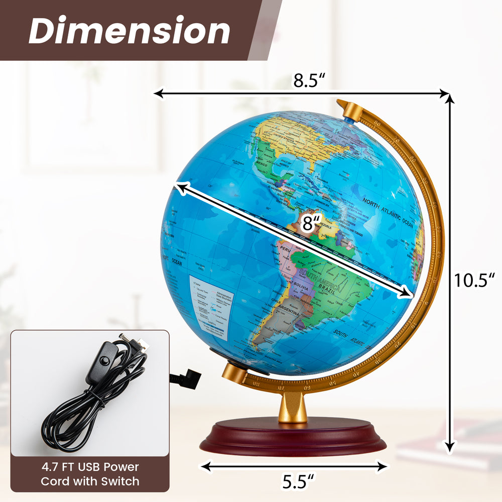 8-inch illuminated world globe with HD map and wooden stand, ideal as a night light and educational tool.