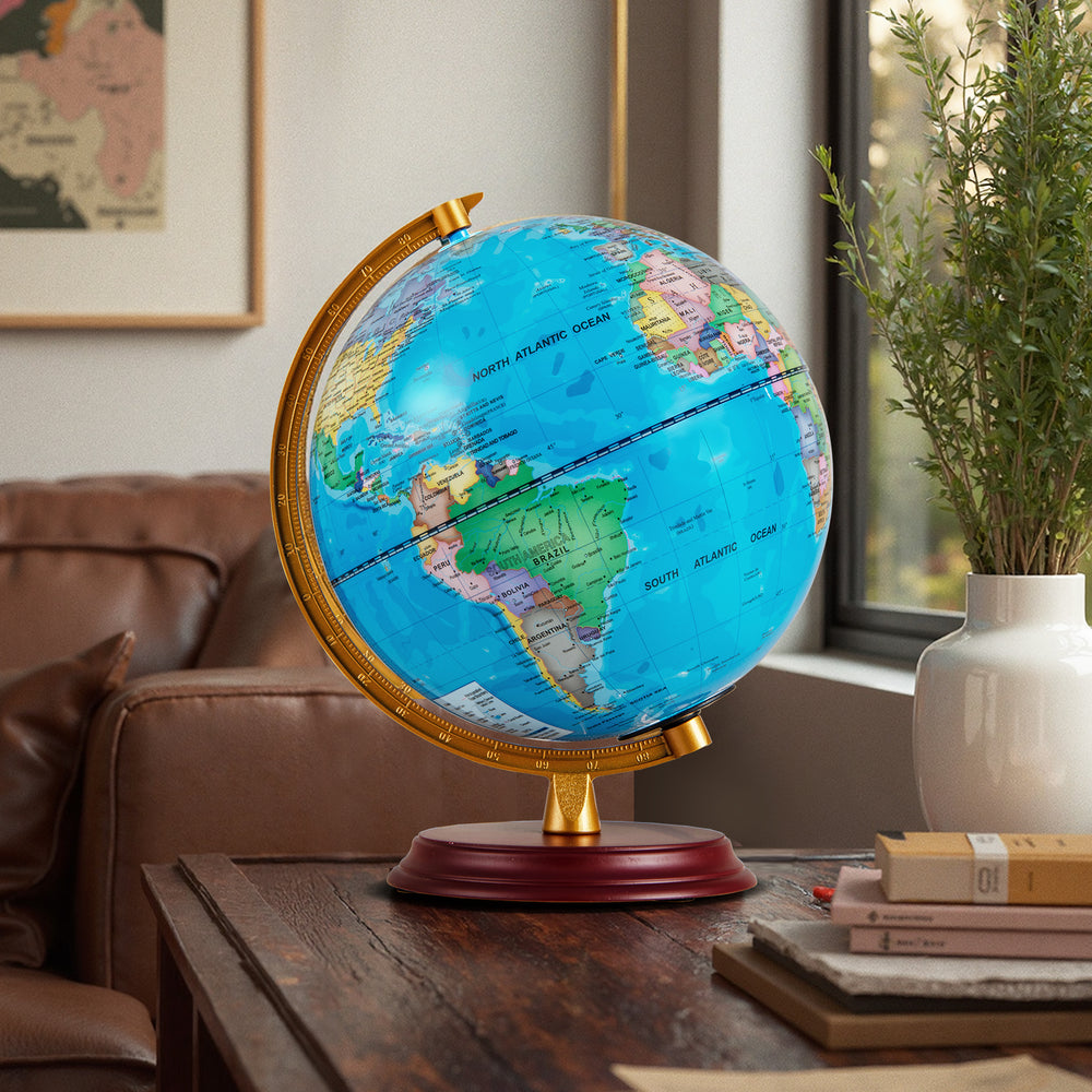 8-inch illuminated world globe lamp with a wooden stand, featuring a detailed HD map for decoration and learning.