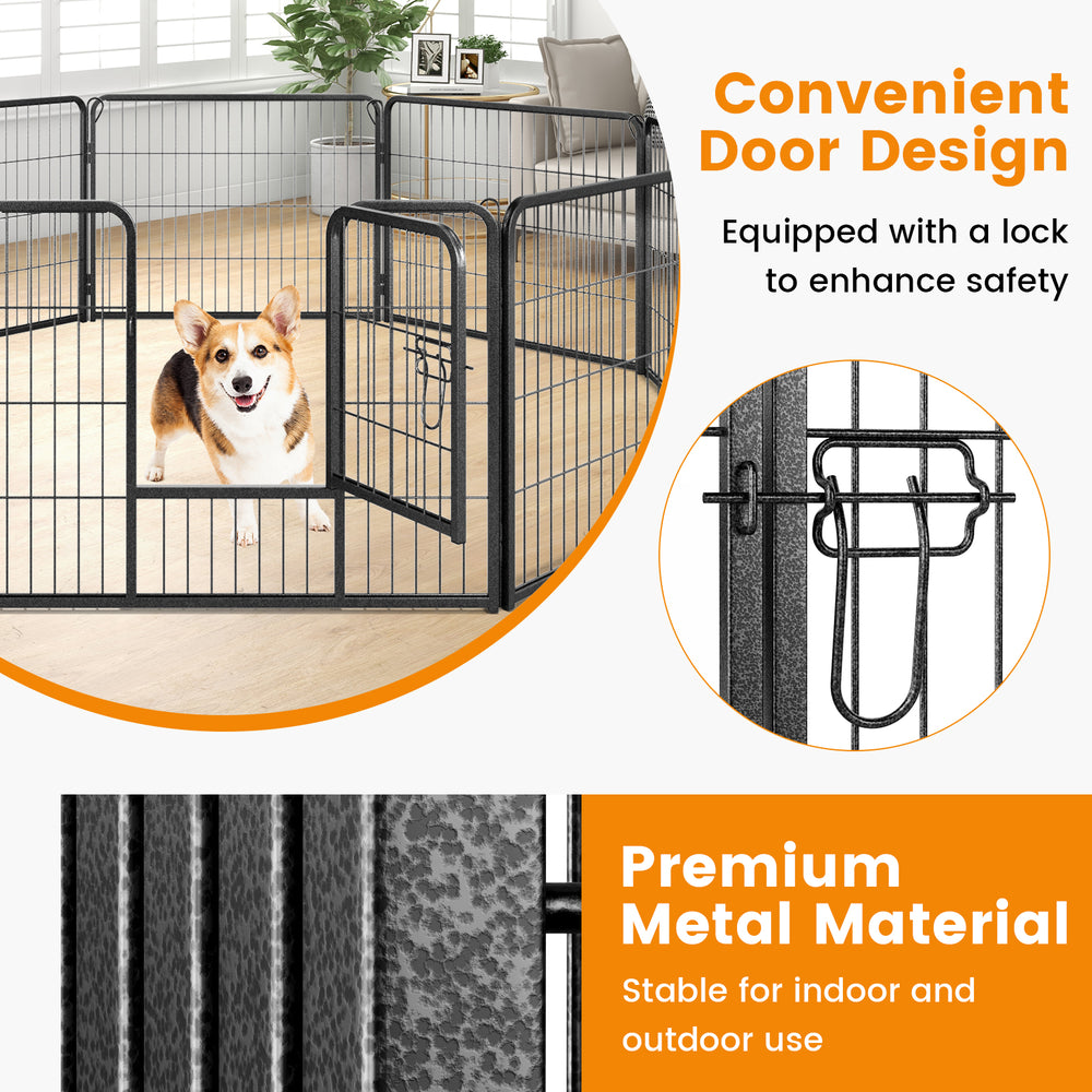 8-panel 24-inch height pet fence with convenient door design, crafted from durable metal for indoor and outdoor use.