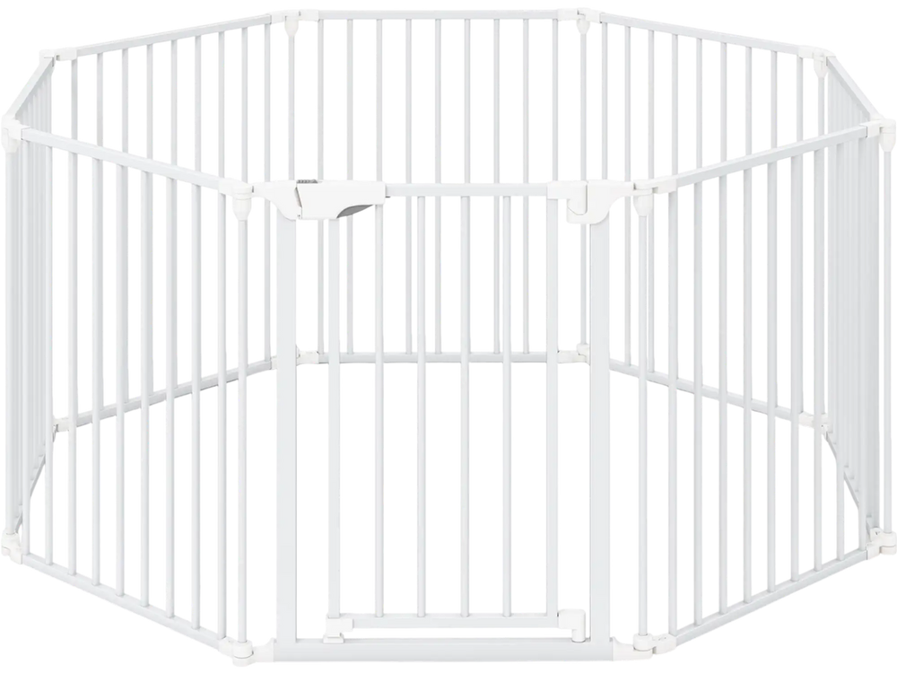 8-panel white baby gate with auto-close door, adjustable from 34.5-154", ideal for child safety and pet containment.