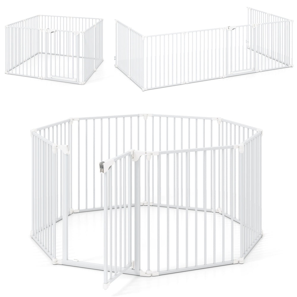 8-panel adjustable baby gate in white, featuring an auto-close door and customizable layout for safety in various.